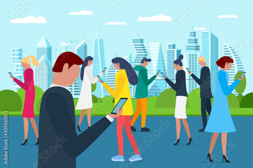 Crowd men and women walking on future city park using smartphones. Internet social network addiction concept. Millenial influencer group holding mobile gadgets on parkland. Vector illustration