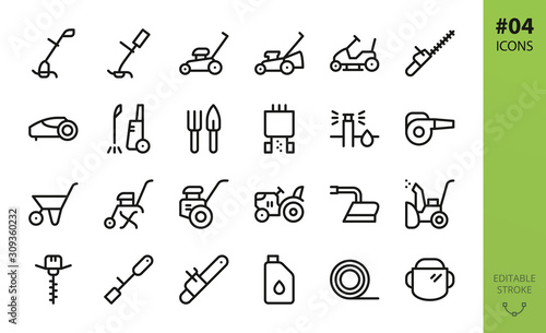 Garden tools icons set. Set of grass trimmer, lawn mower robot, high pressure washer, agriculture hand tiller, power gardening tool, snow plow, mini tractor, trolley, trimmer line isolated vector icon
