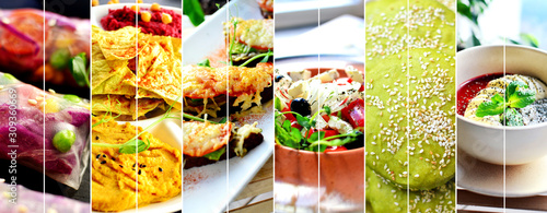 Food collage. Variety of vegetarian and vegan food. Delicious vegetable dishes.