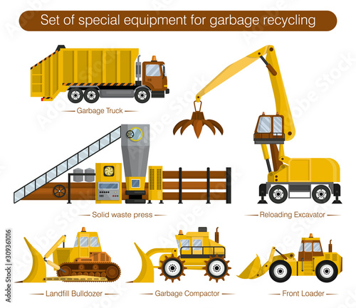 Set of special equipment for garbage recycling. Machineries for landfills and construction, loading and unloading works