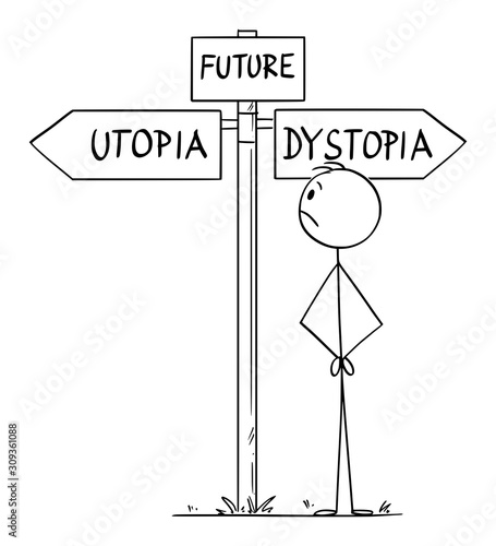 Vector cartoon stick figure drawing conceptual illustration of man standing on crossroad representing human civilization or mankind choosing the future between utopia and dystopia.