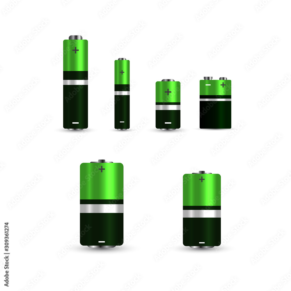 Vector green and black realistic alkaline battery set Vector green and black realistic alkaline battery set