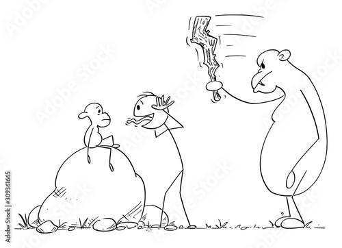 Vector cartoon stick figure drawing conceptual illustration of man or tourist badgering small ape or monkey, while big father or mother is going to hit him with club.