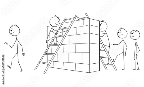 Vector cartoon stick figure drawing conceptual illustration of group of men,businessmen or illegal immigrants overcoming or climbing over the wall or obstacle on border or on the path to success.
