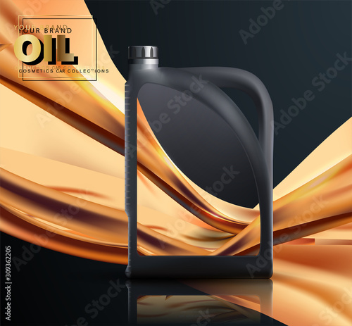 Can of engine oil in splash oil. Engine oil advertisement banner. Vector illustration with realistic motor oil canister on  bright background.