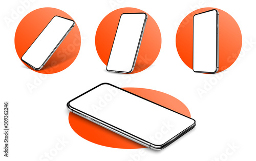 Smartphone frameless blank screen, rotated position. 3D isometric of a cell phone. Smartphone perspective view. A template for an infographic or presentation with fashionable 2020 colors. Vector