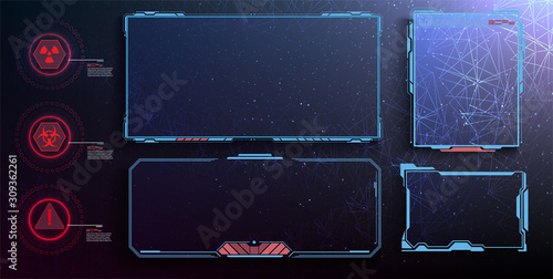HUD, GUI futuristic frame user interface screen elements set. Set with call outs communication. Futuristic callout bar. Set of HUD futuristic sci fi frame template. Digital info boxes layout templates