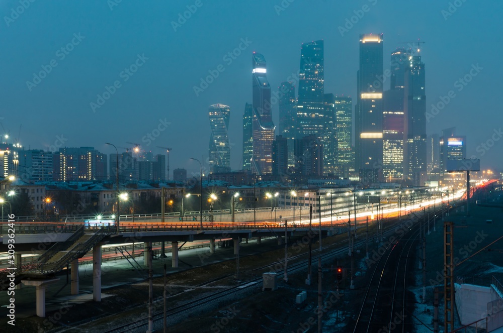 Moscow business center and highways before sunrise