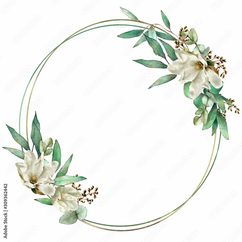 Obraz Akwarela zielone liście eukaliptusa i białe kwiaty magnolii geometryczna ramka na zakurzone zaproszenia ślubne urodziny