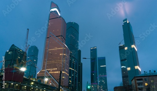 Towers of the Moscow business center in the predawn twilight