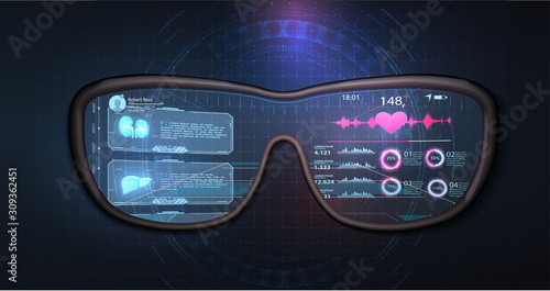 Empty view through the glasses of augmented reality. Display set of virtual interface elements.  Rim of virtual goggles with light user interface. Modern medical examination HUD, GUI style.VR headset.