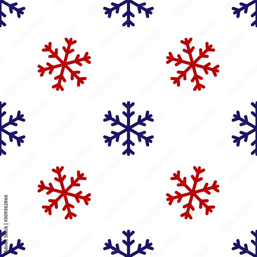 Blue and red Snowflake icon isolated seamless pattern on white background. Vector Illustration - obrazy, fototapety, plakaty 