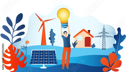 Prosumer. Renewable energy. Self-produced energy sharing. Ecological house. Photovoltaics. Man holding a light bulb in hand. Investments for sustainable energy. Alternative energy production