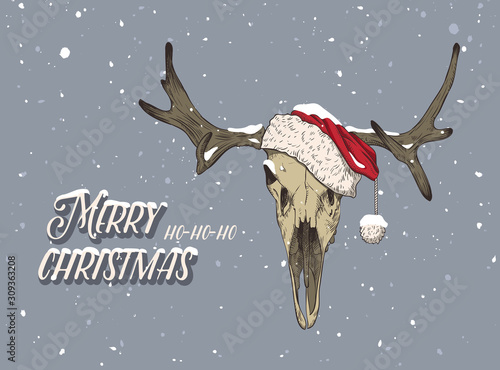 Deer skull in a red hat. Santa hat in the snow.  Print for t-shirts, various printing and posters.