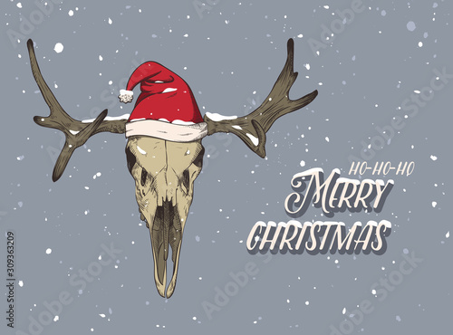 Deer skull in a red hat. Santa hat in the snow.  Print for t-shirts, various printing and posters.