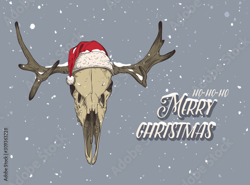 Deer skull in a red hat. Santa hat in the snow.  Print for t-shirts, various printing and posters.