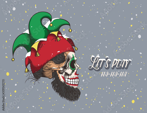 Bearded skull of a joker in a jester hat. Skull in makeup Harlequin. Print for t-shirts, various printing and posters.