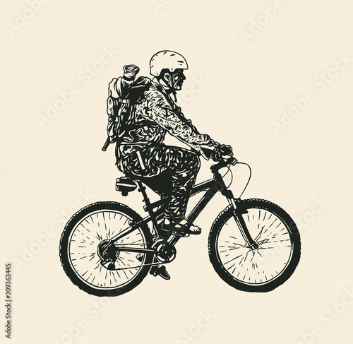 Mountain bike rider in a helmet and with a backpack. Drawing Style. Vector illustration.