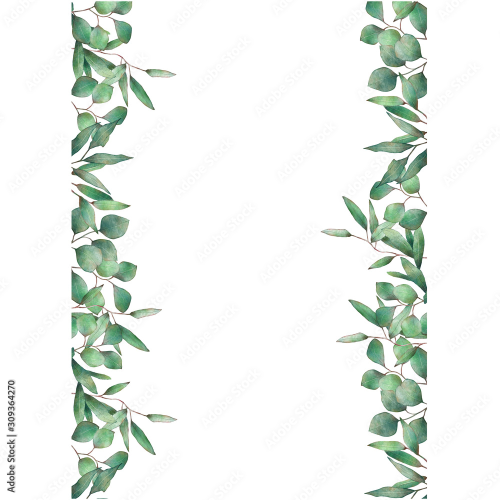 Watercolor eucalyptus green leaves botanical garland border for wedding birthday invitations