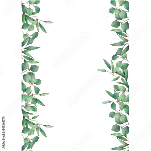 Watercolor eucalyptus green leaves botanical garland border for wedding birthday invitations