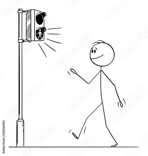 Vector cartoon stick figure drawing conceptual illustration of man or pedestrian walking on crossing because green light on street traffic light is on.