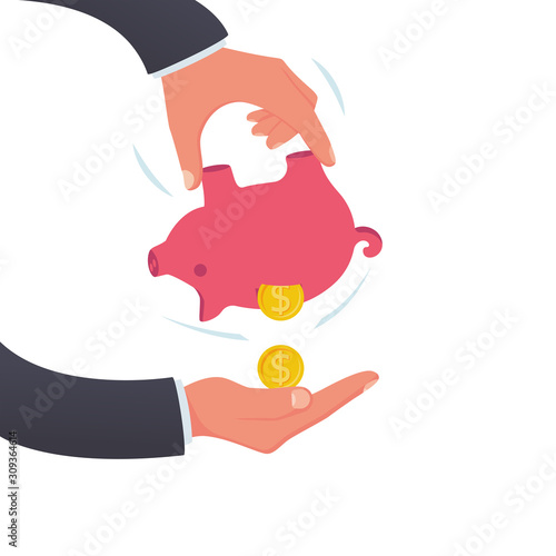 Human in hands shaking piggy bank. Fall money. Vector illustration flat design. Isolated on white background. Drop coins. Spending money. Poor man. Financial crisis.