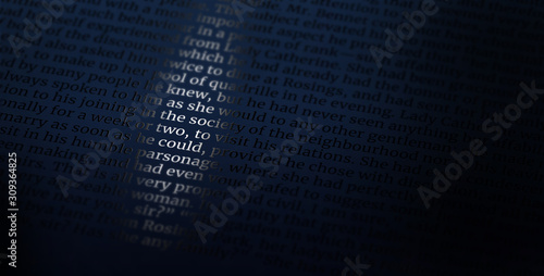 A text pattern of spot uv varnish print on red note paper background with copyright free text from Pride and Prejustice novel.