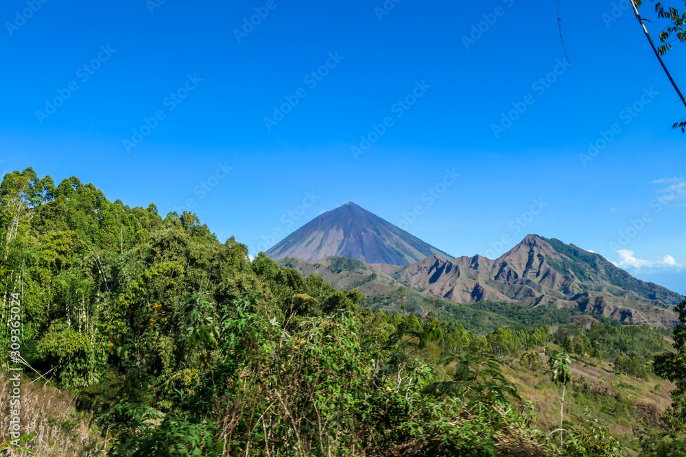 Fototapeta premium A distant view on Volcano Inierie, Bajawa, Indonesia. The pyramid like mountain towers above the landline. There are no other high volcanos around. The upper slopes are bare without any vegetation.