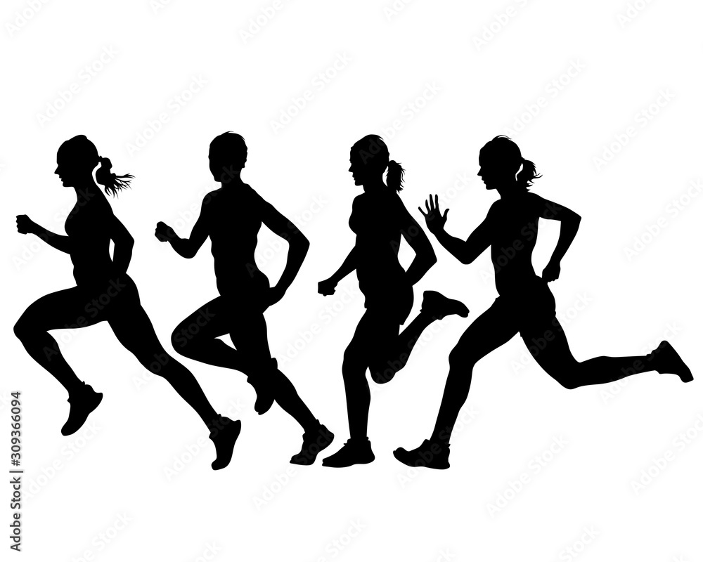 Sports women run a marathon. Isolated figures of athletes on a white background