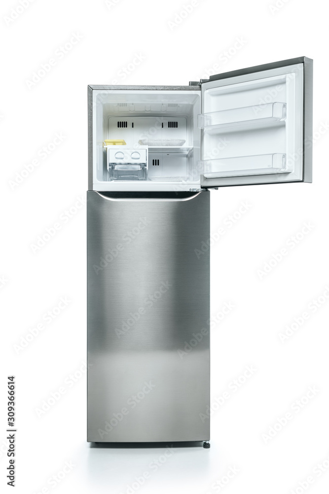 open freezer in fridge with food on shelves isolated on white open freezer in fridge with food on shelves isolated on white