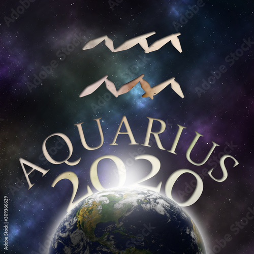 Symbol of the zodiac sign Aquarius and its name with the year 2020 appearing behind the earth with stars and the universe in the background