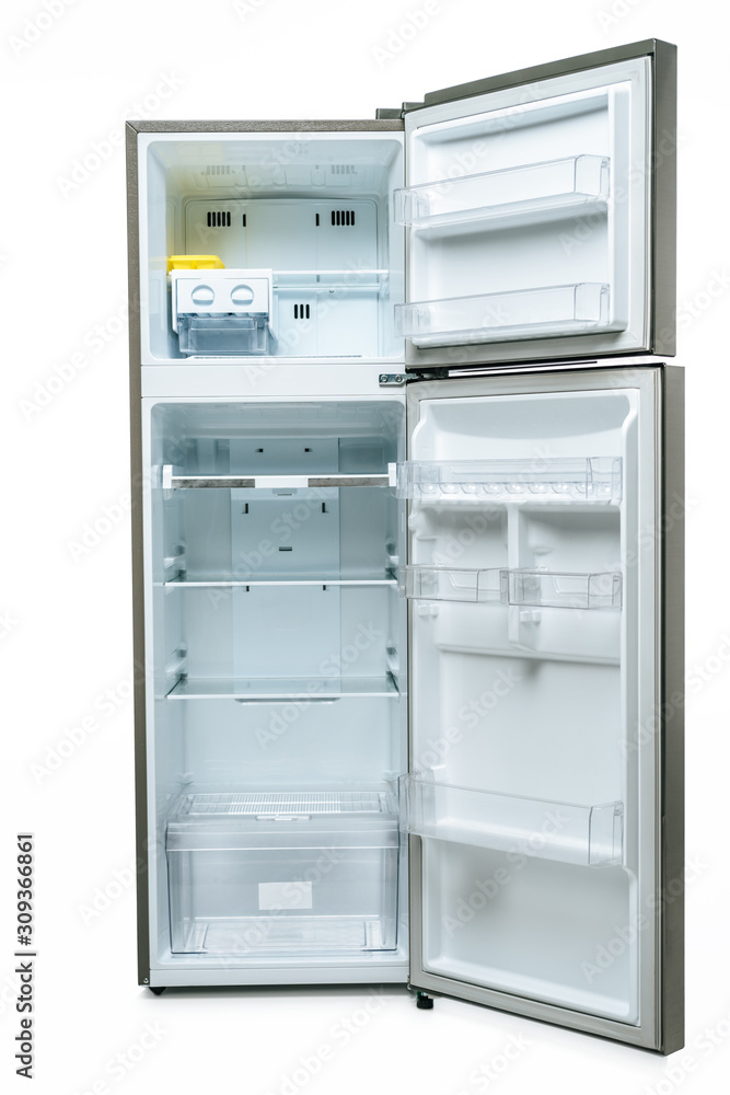 empty open fridge and freezer isolated on white empty open fridge and freezer isolated on white