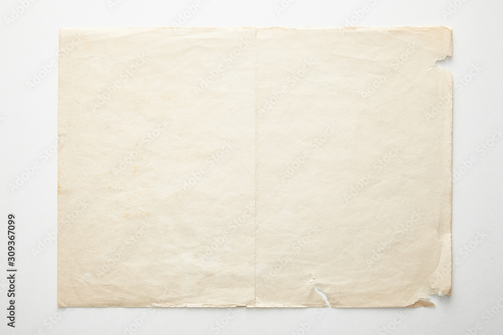 top view of empty vintage paper on white background