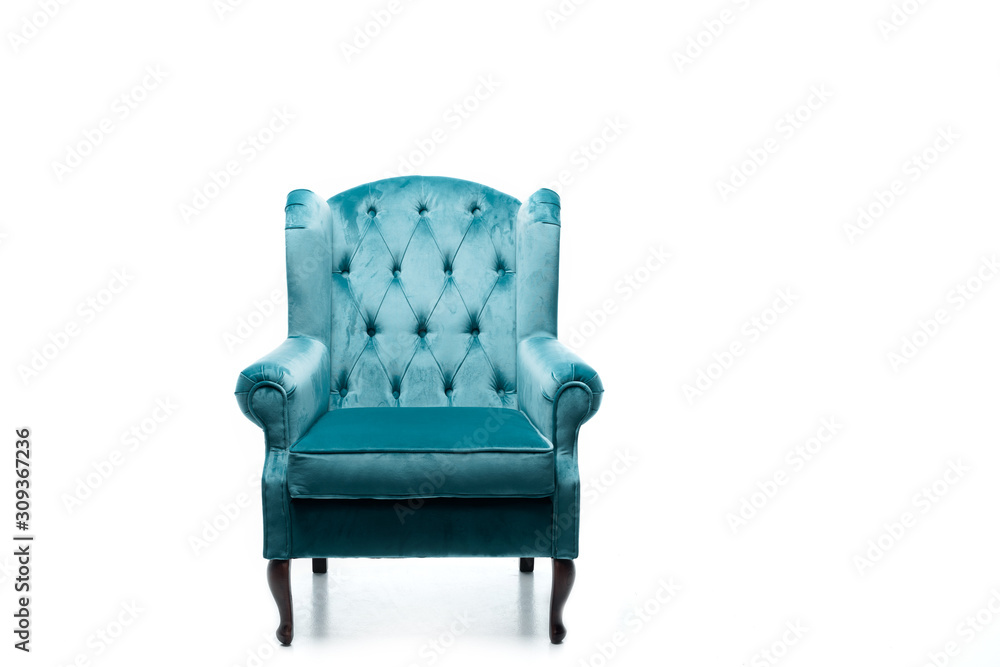 elegant velour blue armchair with pillow isolated on white elegant velour blue armchair with pillow isolated on white