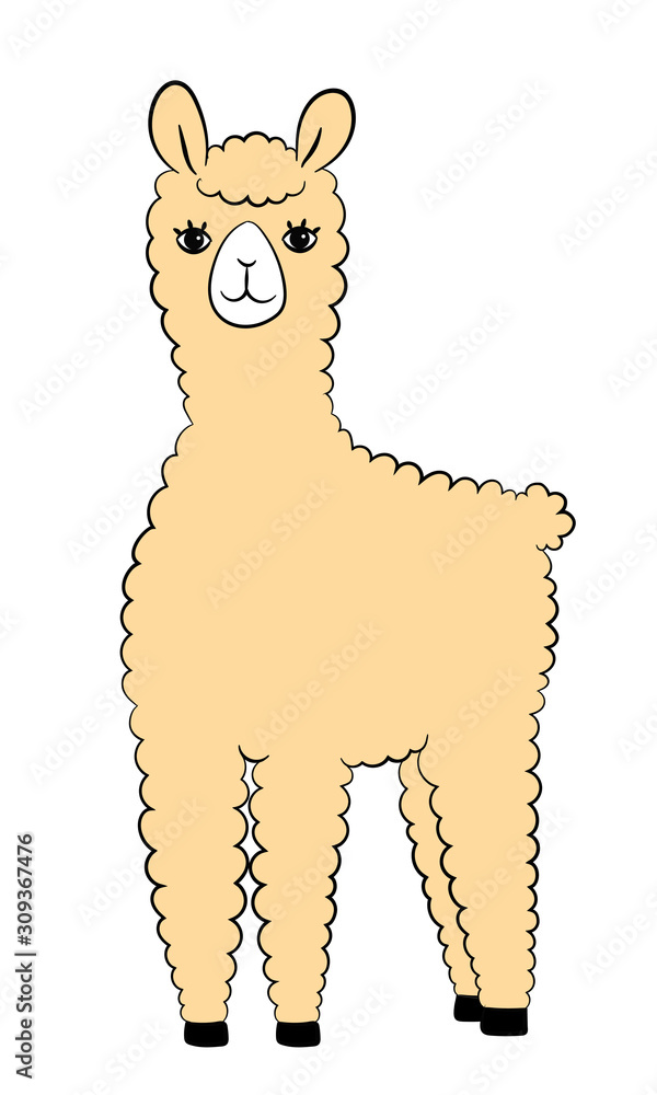 Cute standing yellow llama simple hand drawn flat with outline. Nice  cartoon little animal. Stock vector illustration isolated on white background.