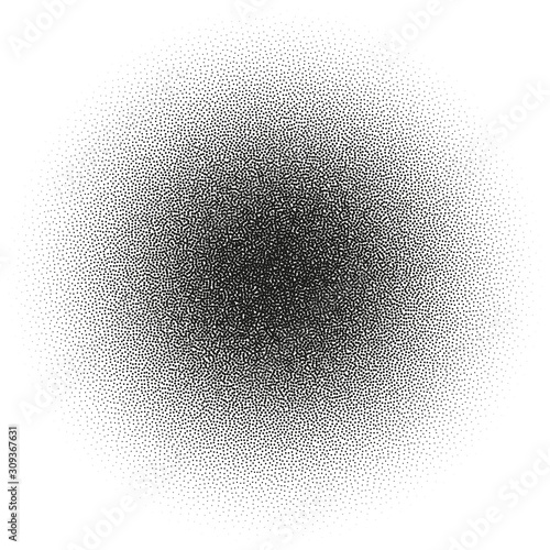 Circle of very small dissolving points, noise, gradient. The Stipple grunge. Vector object with the ability to overlay. Isolated background.