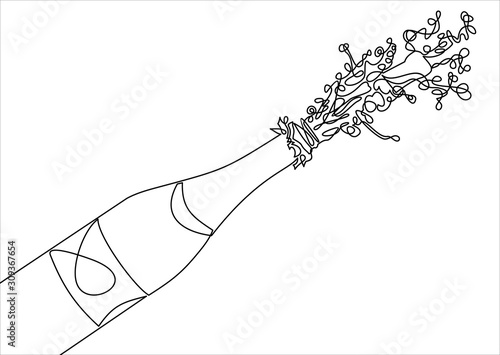 bottle of Champagne explosion-continuous line drawing