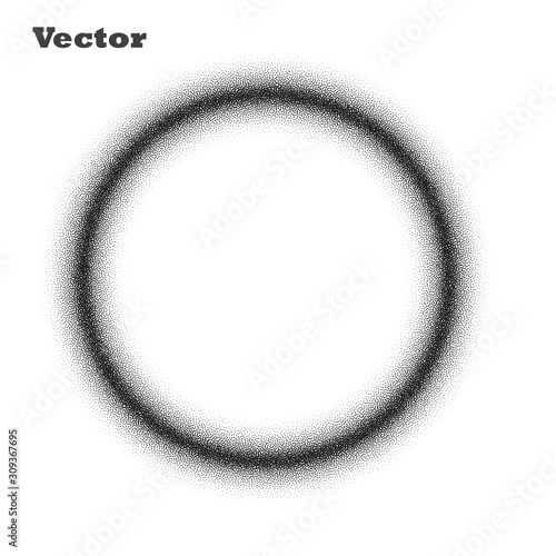 A circle or ring of very small dissolving points, noise, gradient. Stipple, grunge. Vector monochrome style. Object isolated background.
