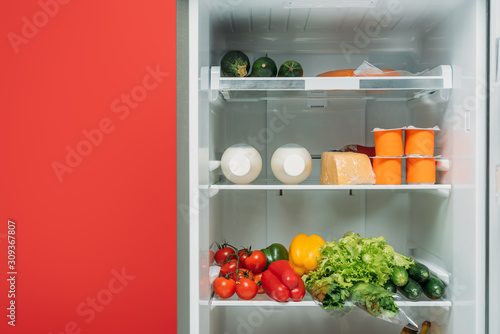 open fridge full of fresh food on shelves isolated on red