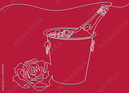 Champagne bottle in bucket with ice and glasses of champagne-continuous line drawing