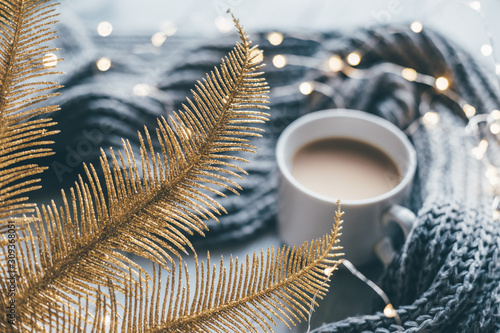 Winter cozy composition coffee cup warm knitted scarf and christmas decor colden fern twigs. Selective focus. photo