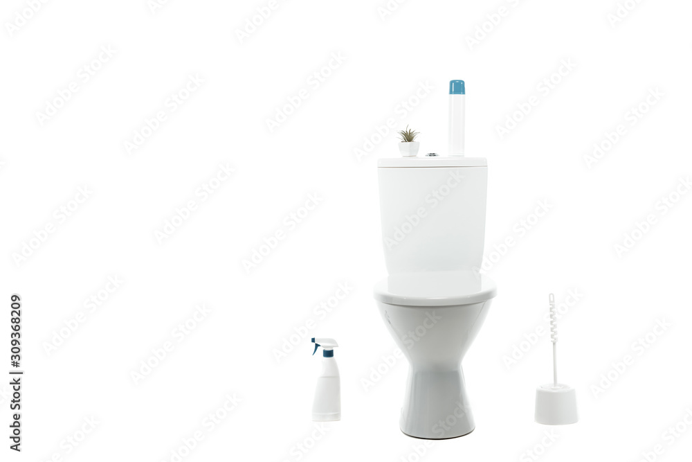 ceramic clean toilet bowl with air freshener and plant near toilet brush, detergent isolated on white ceramic clean toilet bowl with air freshener and plant near toilet brush, detergent isolated on white