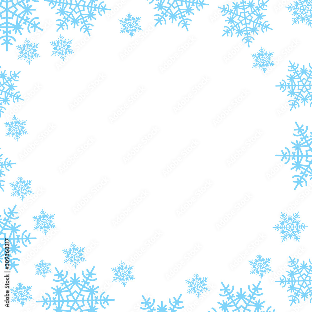 Snowy border pattern. Christmas abstract square frame of blue snowflakes. New year vector festive illustration. Ability to overlay. The margins for the text.Isolated white background.
