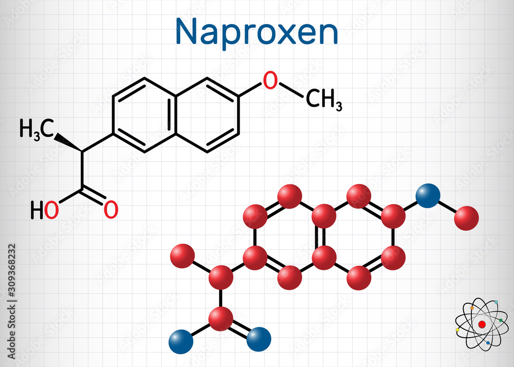 Naproxen C14H14O3 molecule. It is a nonsteroidal anti-inflammatory drug (NSAID). Structural chemical formula and molecule model. Sheet of paper in a cage Naproxen C14H14O3 molecule. It is a nonsteroidal anti-inflammatory drug (NSAID). Structural chemical formula and molecule model. Sheet of paper in a cage