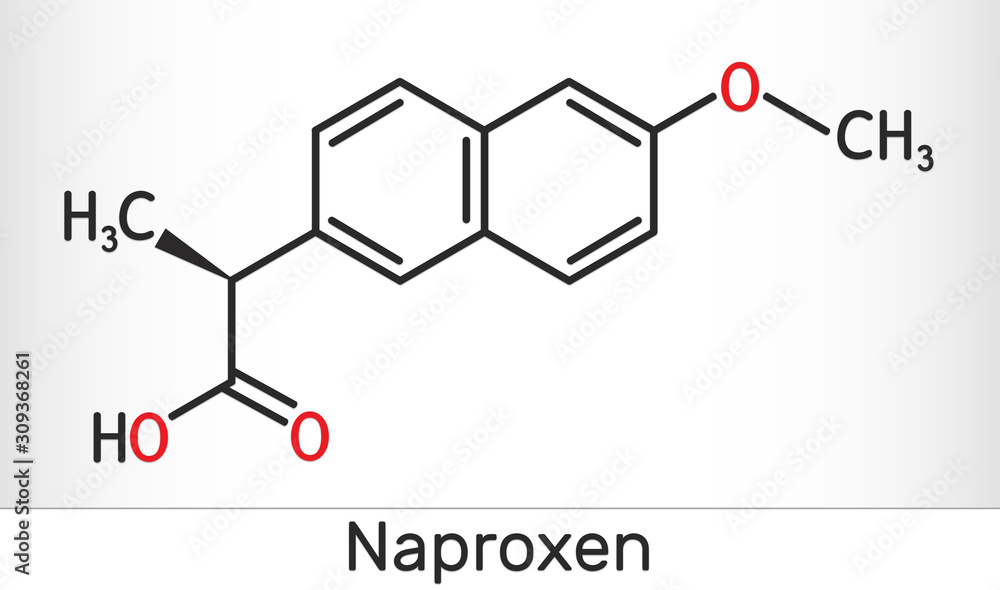 Naproxen C14H14O3 molecule. It is a nonsteroidal anti-inflammatory drug (NSAID). Skeletal chemical formula.
