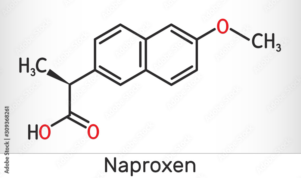 Naproxen C14H14O3 molecule. It is a nonsteroidal anti-inflammatory drug (NSAID). Skeletal chemical formula. Naproxen C14H14O3 molecule. It is a nonsteroidal anti-inflammatory drug (NSAID). Skeletal chemical formula.