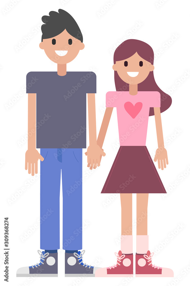 Vector illustration of two happy teenagers holding hands