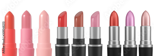 3d render lipstick variety Colorful Tones tints palette pink, wine, vinous, mockup design isolated on white background with clipping path. Beautiful Make-up concept. "3d illustration"