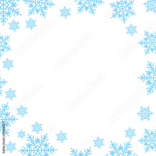 Snowy border pattern. Christmas abstract square frame of blue snowflakes. New year vector festive illustration. Ability to overlay. The margins for the text.Isolated white background.