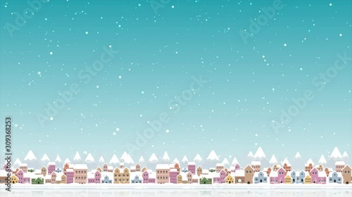 Abstract background cartoon animation city and snowflake particle snow element and lighting effect against the dark background with grain processed
